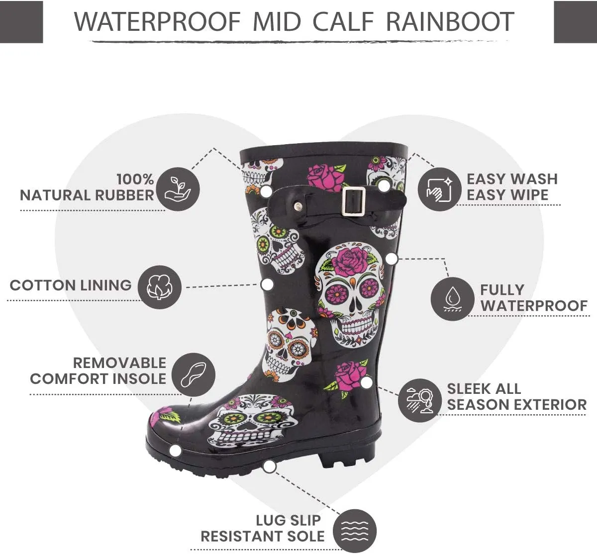 NORTY Women's Hurricane Rain Boots - Mid-Calf Length - Glossy Matte Waterproof Rubber Shoes