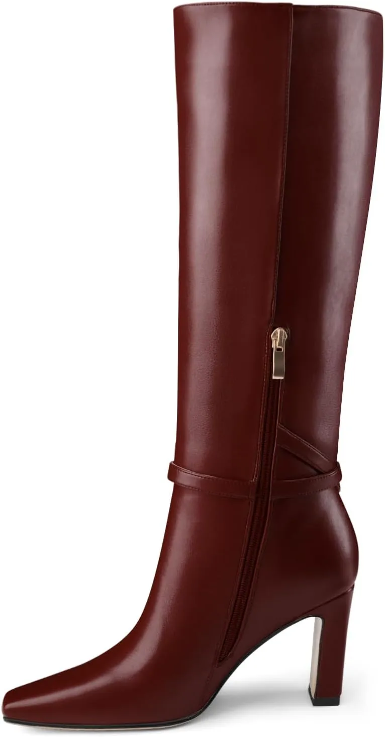 Oh Mispares Women's Knee High Boots Chunky Heel Square Toe Tall Boots Side Zipper Fashion Buckle Party Dress Long Boot for Girl