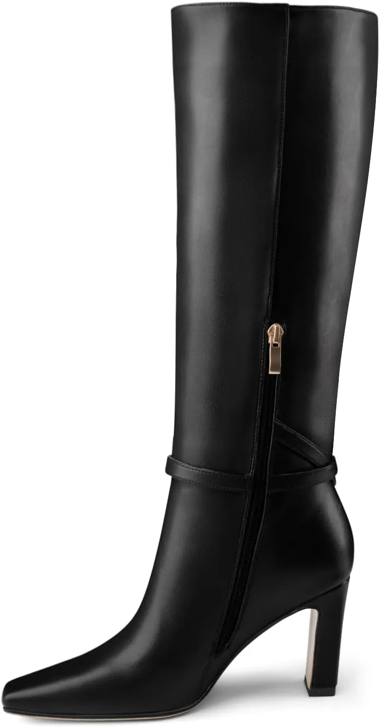 Oh Mispares Women's Knee High Boots Chunky Heel Square Toe Tall Boots Side Zipper Fashion Buckle Party Dress Long Boot for Girl