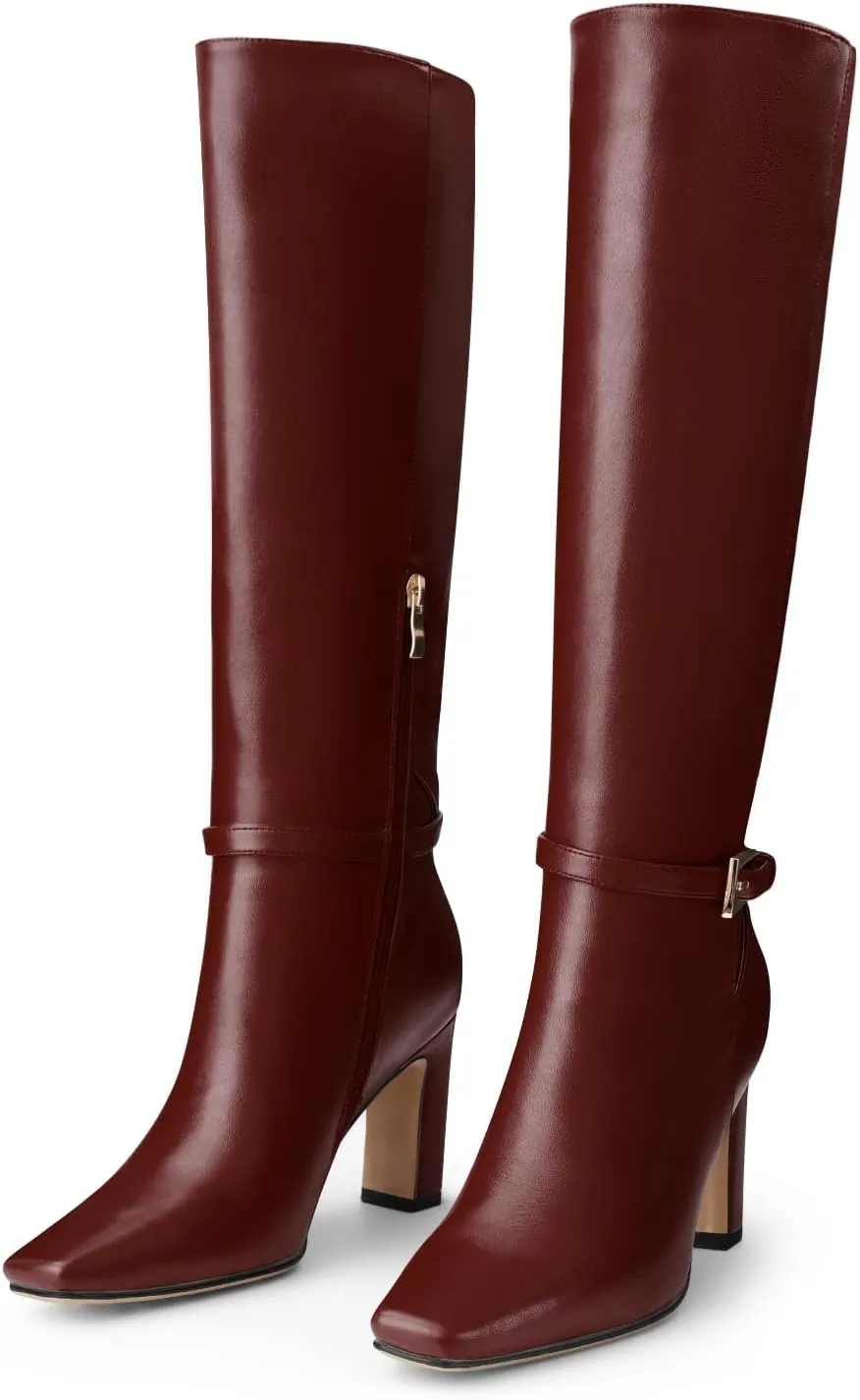 Oh Mispares Women's Knee High Boots Chunky Heel Square Toe Tall Boots Side Zipper Fashion Buckle Party Dress Long Boot for Girl