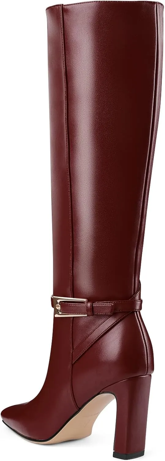 Oh Mispares Women's Knee High Boots Chunky Heel Square Toe Tall Boots Side Zipper Fashion Buckle Party Dress Long Boot for Girl