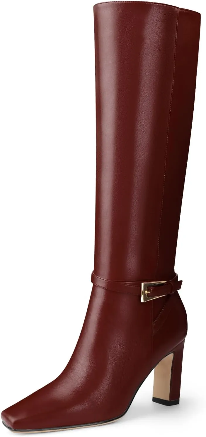 Oh Mispares Women's Knee High Boots Chunky Heel Square Toe Tall Boots Side Zipper Fashion Buckle Party Dress Long Boot for Girl