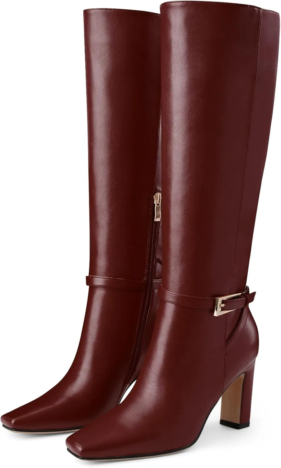 Oh Mispares Women's Knee High Boots Chunky Heel Square Toe Tall Boots Side Zipper Fashion Buckle Party Dress Long Boot for Girl