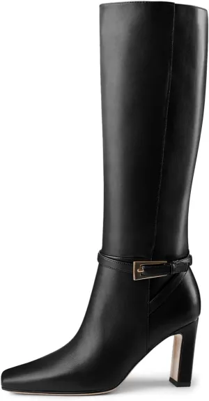 Oh Mispares Women's Knee High Boots Chunky Heel Square Toe Tall Boots Side Zipper Fashion Buckle Party Dress Long Boot for Girl