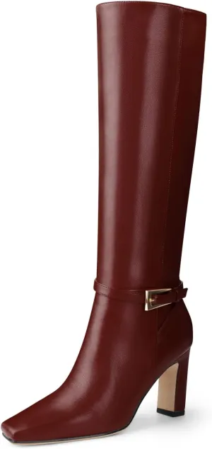 Oh Mispares Women's Knee High Boots Chunky Heel Square Toe Tall Boots Side Zipper Fashion Buckle Party Dress Long Boot for Girl