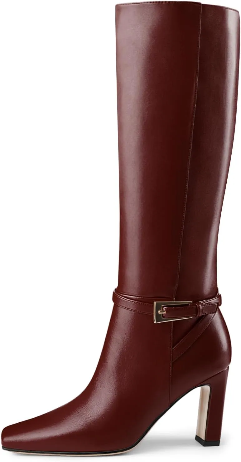 Oh Mispares Women's Knee High Boots Chunky Heel Square Toe Tall Boots Side Zipper Fashion Buckle Party Dress Long Boot for Girl