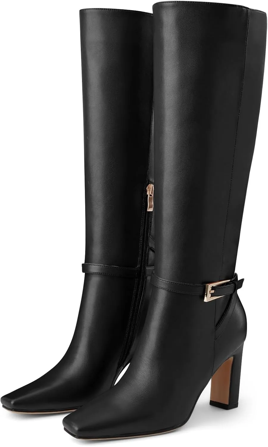 Oh Mispares Women's Knee High Boots Chunky Heel Square Toe Tall Boots Side Zipper Fashion Buckle Party Dress Long Boot for Girl