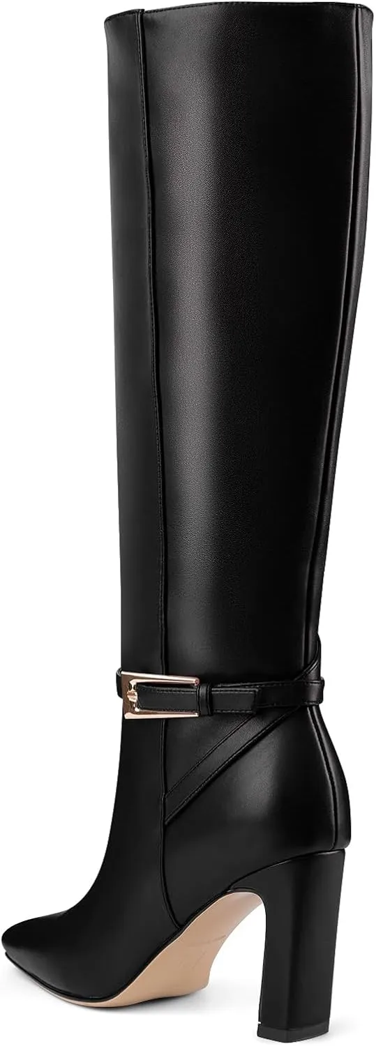 Oh Mispares Women's Knee High Boots Chunky Heel Square Toe Tall Boots Side Zipper Fashion Buckle Party Dress Long Boot for Girl