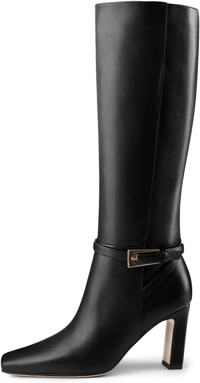 Oh Mispares Women's Knee High Boots Chunky Heel Square Toe Tall Boots Side Zipper Fashion Buckle Party Dress Long Boot for Girl