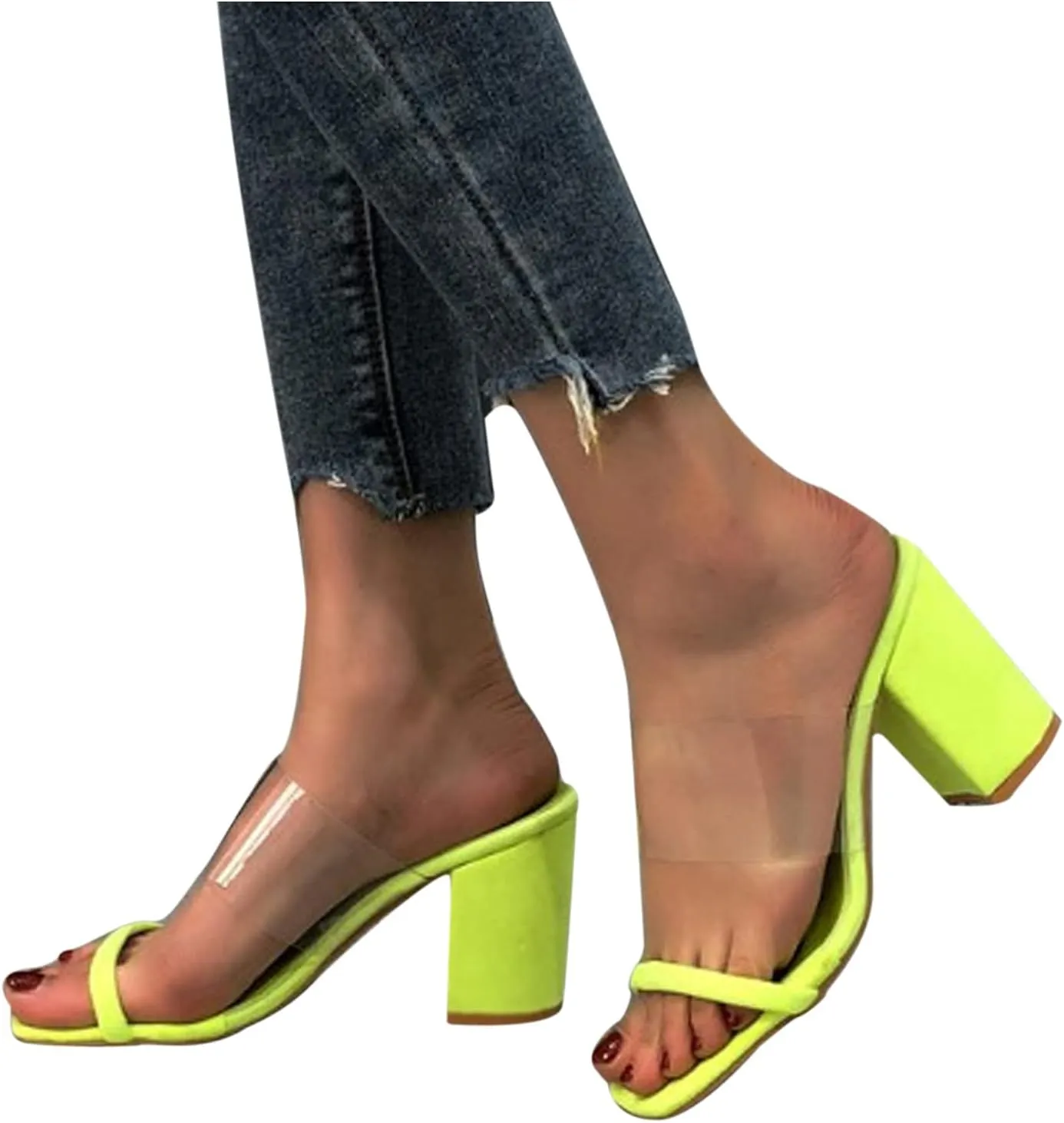 oiangi Womens Clear Straps Chunky Sandals Summer Casual Square Toe Double Strap Open Toe Slip-on Thick Heel High Heels Slipper Comfy Trendy Ladies Shoes