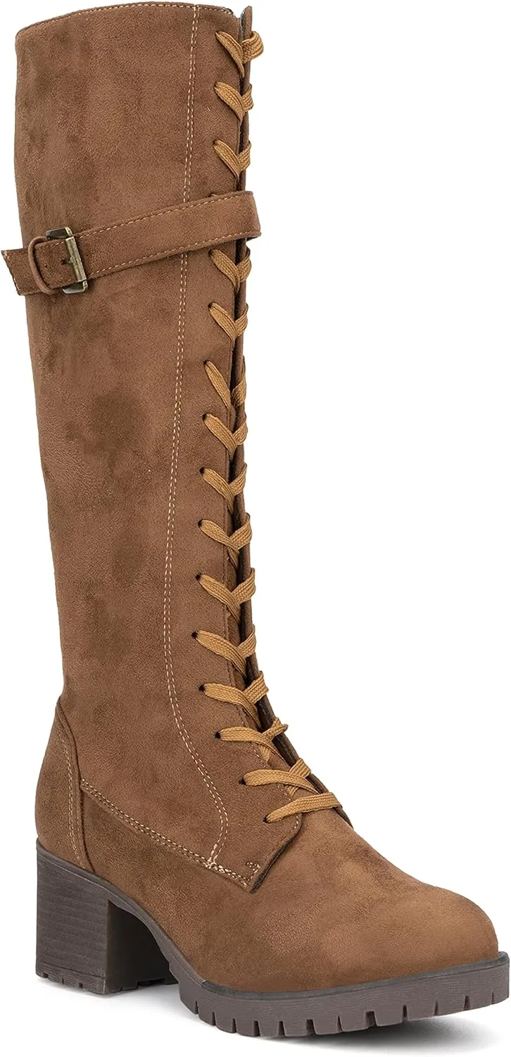 Olivia Miller Women's Fashion Shoes, Faux PU Leather Side Zipper Lug Sole Lace Up Chunky Block Heel Round Toe Casual Classic Knee High Ankle Boots