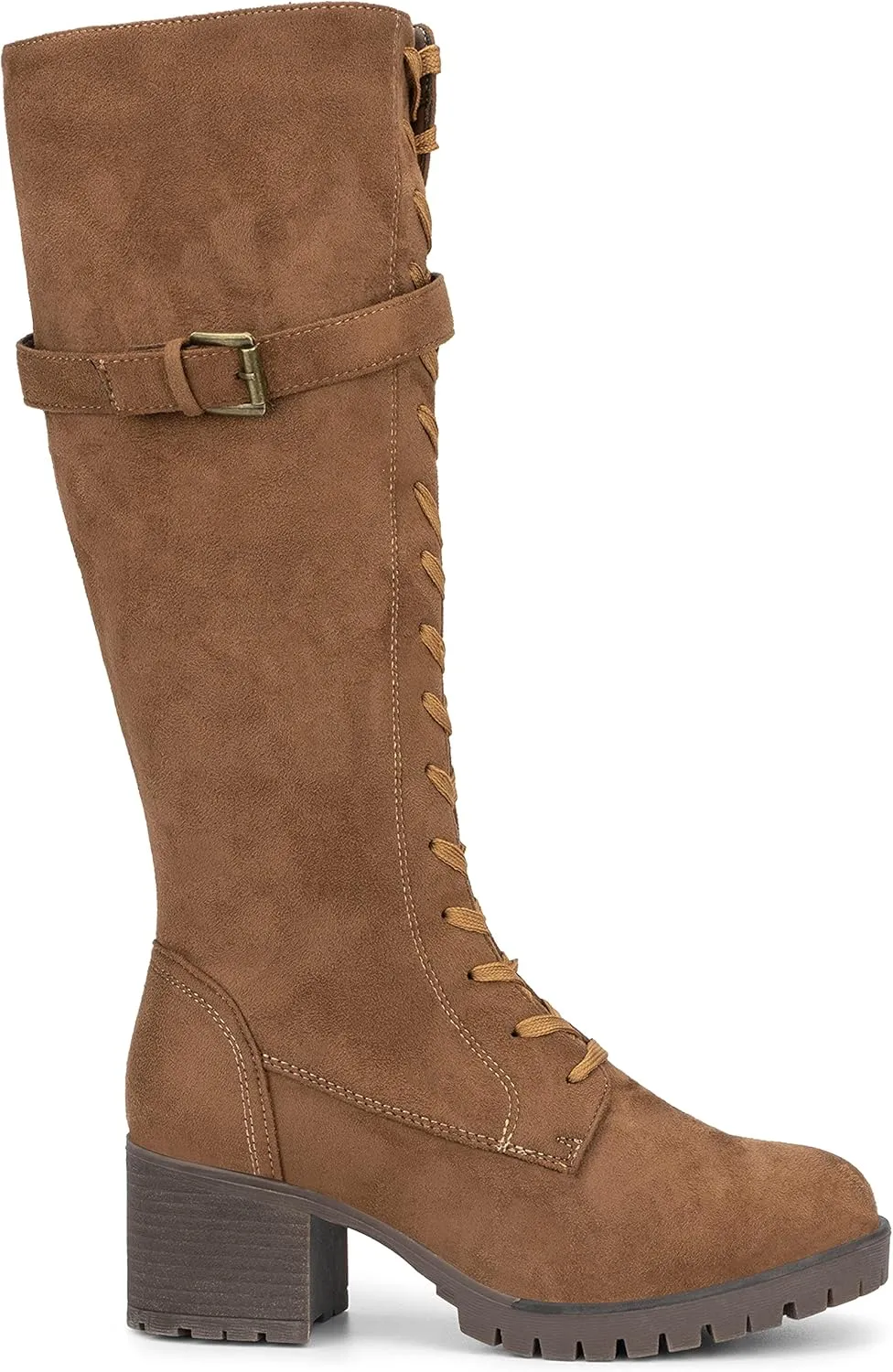 Olivia Miller Women's Fashion Shoes, Faux PU Leather Side Zipper Lug Sole Lace Up Chunky Block Heel Round Toe Casual Classic Knee High Ankle Boots