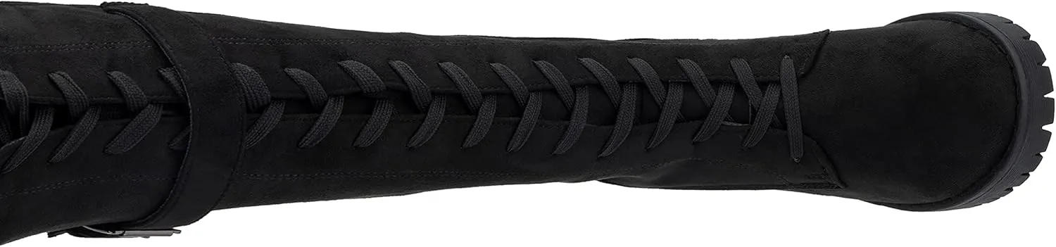 Olivia Miller Women's Fashion Shoes, Faux PU Leather Side Zipper Lug Sole Lace Up Chunky Block Heel Round Toe Casual Classic Knee High Ankle Boots