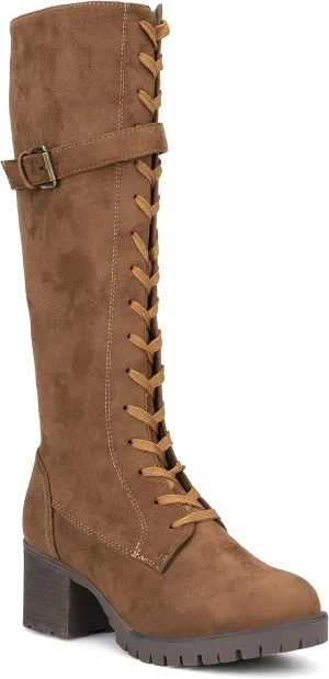 Olivia Miller Women's Fashion Shoes, Faux PU Leather Side Zipper Lug Sole Lace Up Chunky Block Heel Round Toe Casual Classic Knee High Ankle Boots