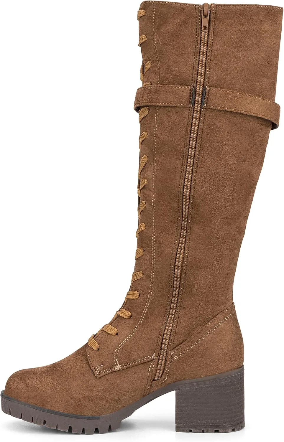 Olivia Miller Women's Fashion Shoes, Faux PU Leather Side Zipper Lug Sole Lace Up Chunky Block Heel Round Toe Casual Classic Knee High Ankle Boots