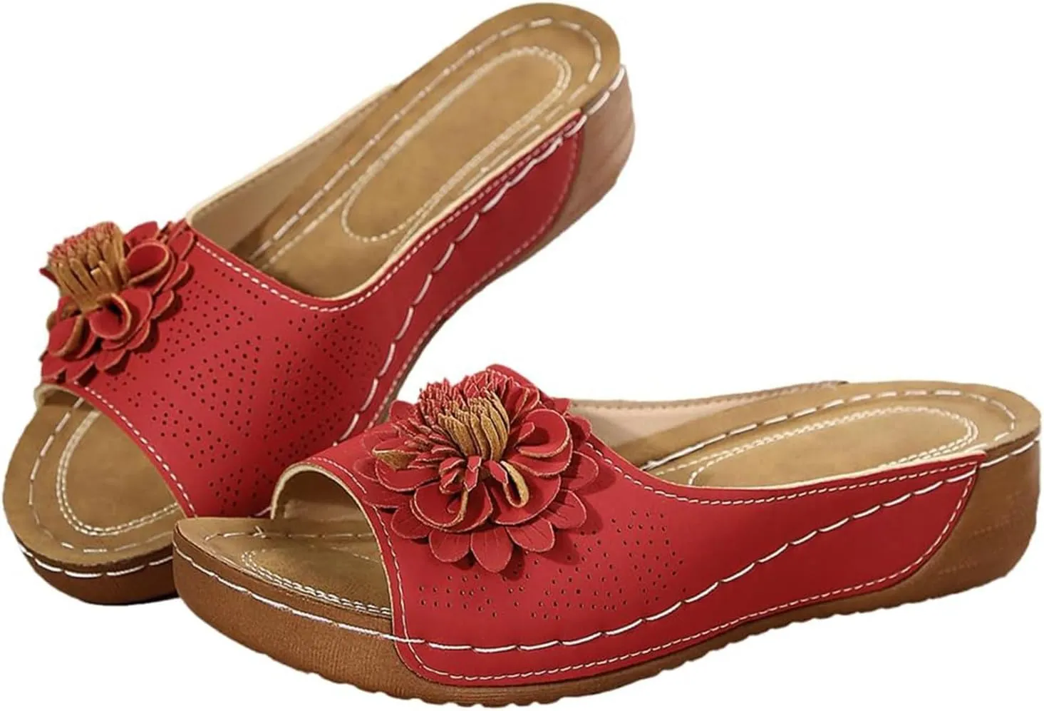 Open Toe Orthopedic Slippers for Women, Hollow Out Breathable Wedges, Platform Flat Sandals, Dressy Summer Shoes Slip On Flower Decoration Shoes Lightweight Vacation Beach Slippers Comfortable Slides
