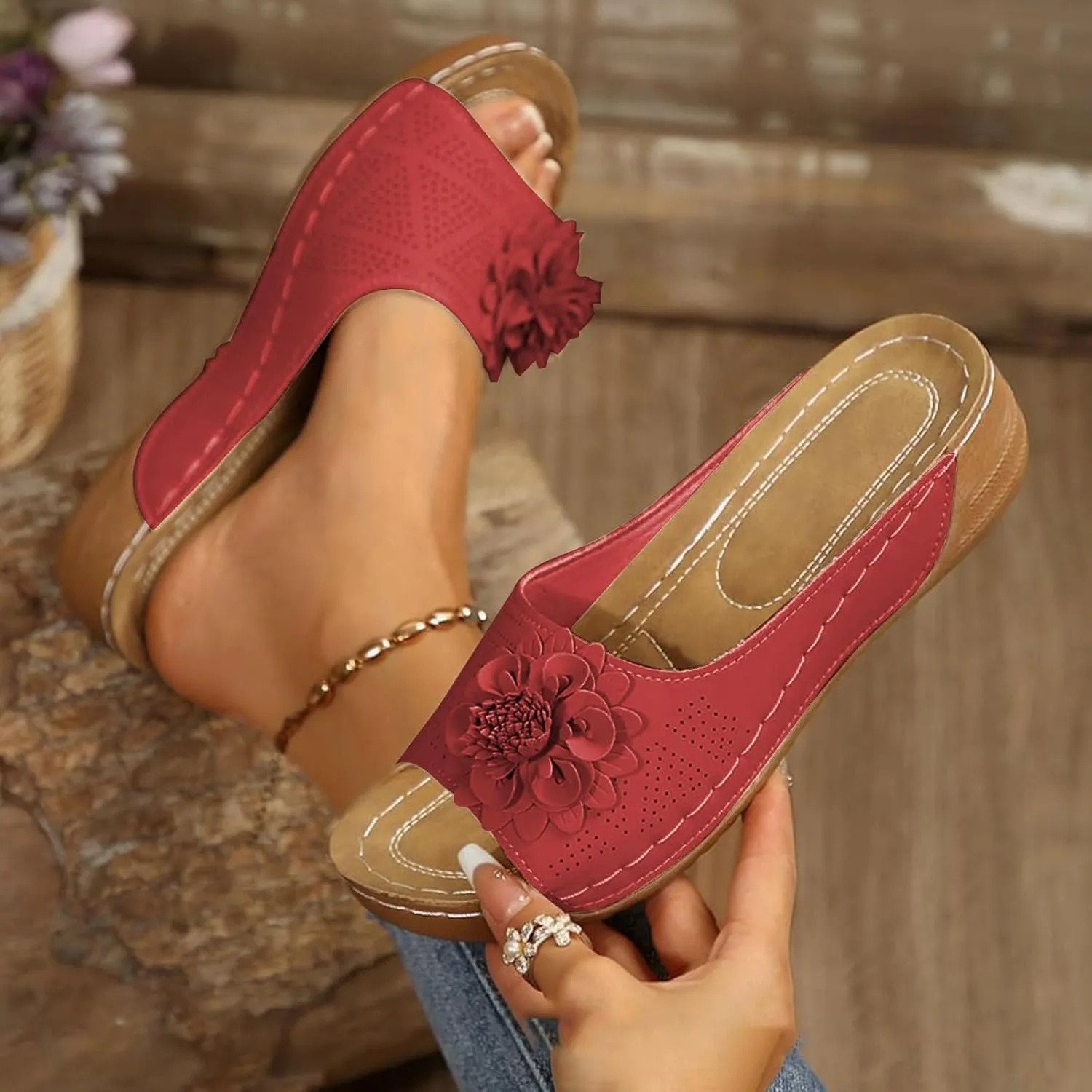 Open Toe Orthopedic Slippers for Women, Hollow Out Breathable Wedges, Platform Flat Sandals, Dressy Summer Shoes Slip On Flower Decoration Shoes Lightweight Vacation Beach Slippers Comfortable Slides
