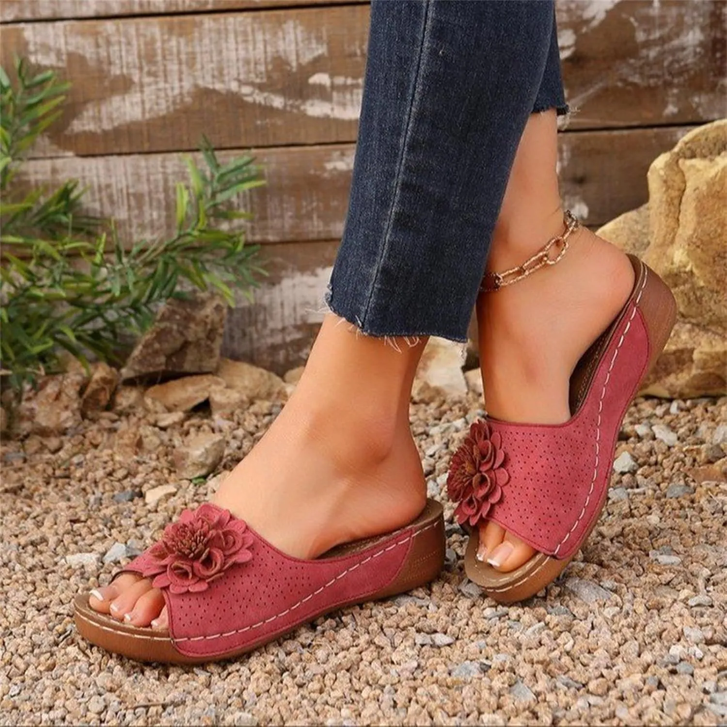 Open Toe Orthopedic Slippers for Women, Hollow Out Breathable Wedges, Platform Flat Sandals, Dressy Summer Shoes Slip On Flower Decoration Shoes Lightweight Vacation Beach Slippers Comfortable Slides
