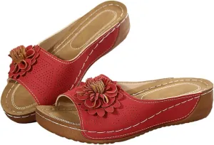 Open Toe Orthopedic Slippers for Women, Hollow Out Breathable Wedges, Platform Flat Sandals, Dressy Summer Shoes Slip On Flower Decoration Shoes Lightweight Vacation Beach Slippers Comfortable Slides