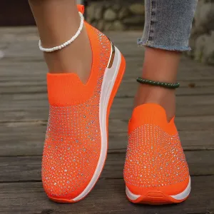 Orange Sneakers Women,Glitter Sneakers for Women,Rhinestone Sneakers for Women,Sparkly Tennis Shoes,Platform Wedge Shoes,Rhinestone Mesh Slip-On Sneakers,Breathable Bling Tennis Shoes