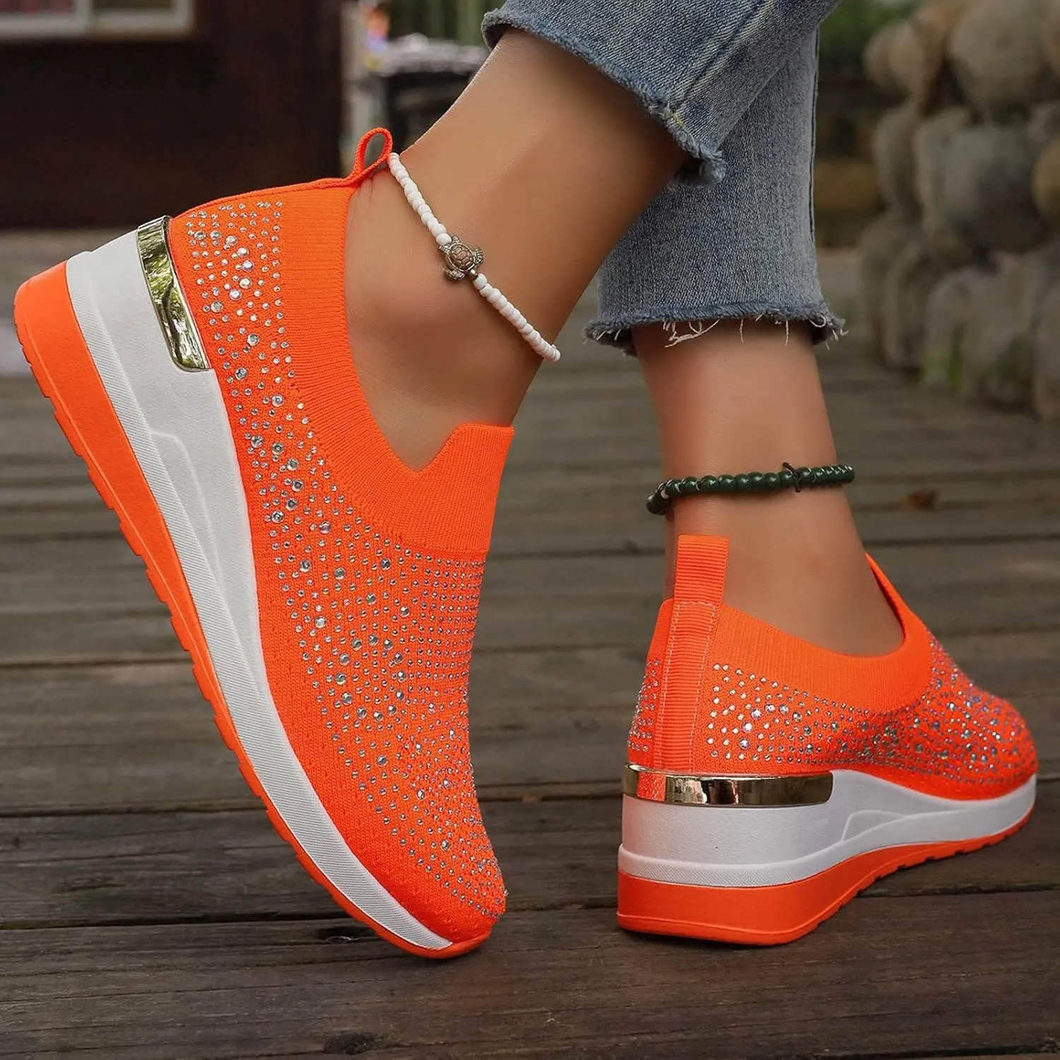 Orange Sneakers Women,Glitter Sneakers for Women,Rhinestone Sneakers for Women,Sparkly Tennis Shoes,Platform Wedge Shoes,Rhinestone Mesh Slip-On Sneakers,Breathable Bling Tennis Shoes