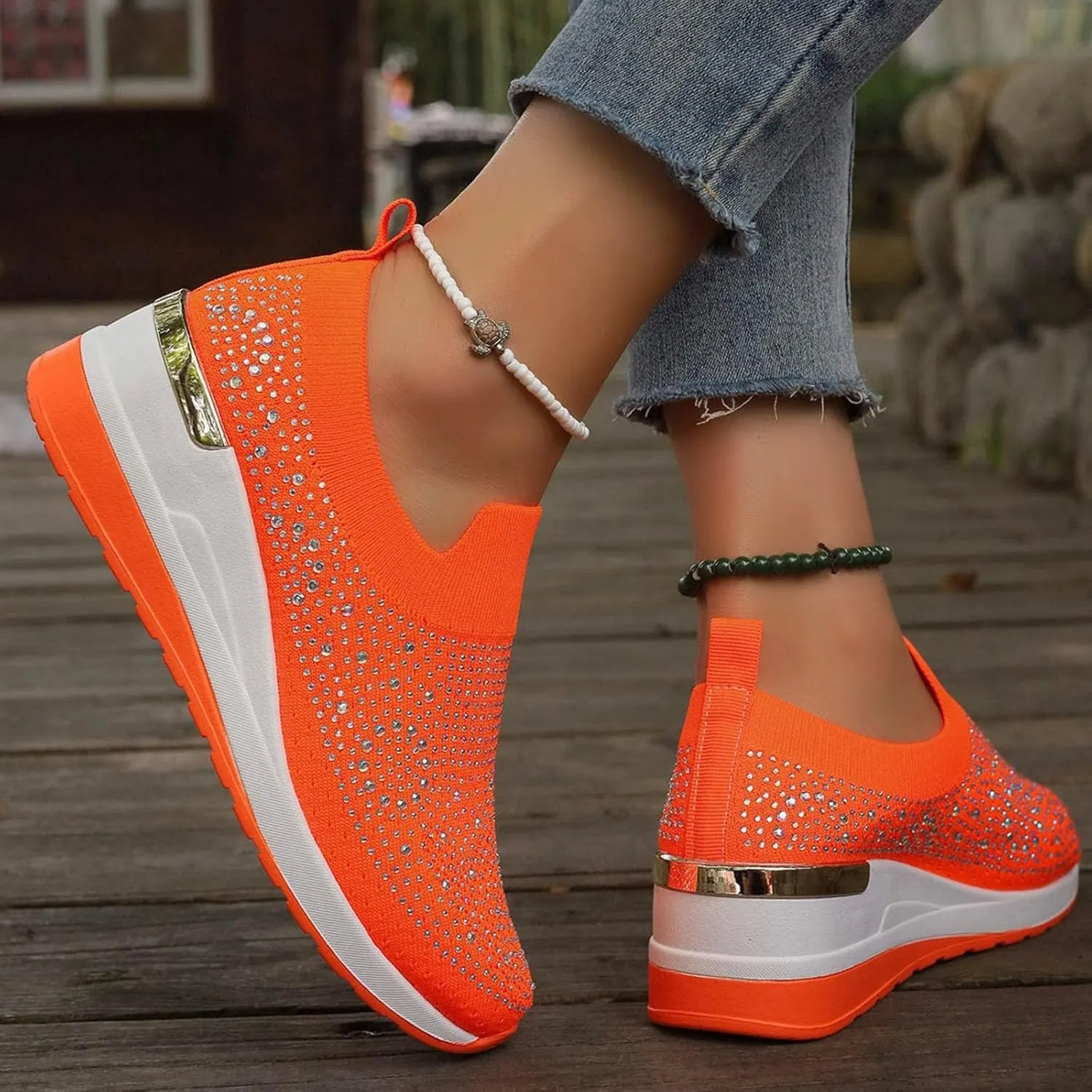 Orange Sneakers Women,Glitter Sneakers for Women,Rhinestone Sneakers for Women,Sparkly Tennis Shoes,Platform Wedge Shoes,Rhinestone Mesh Slip-On Sneakers,Breathable Bling Tennis Shoes