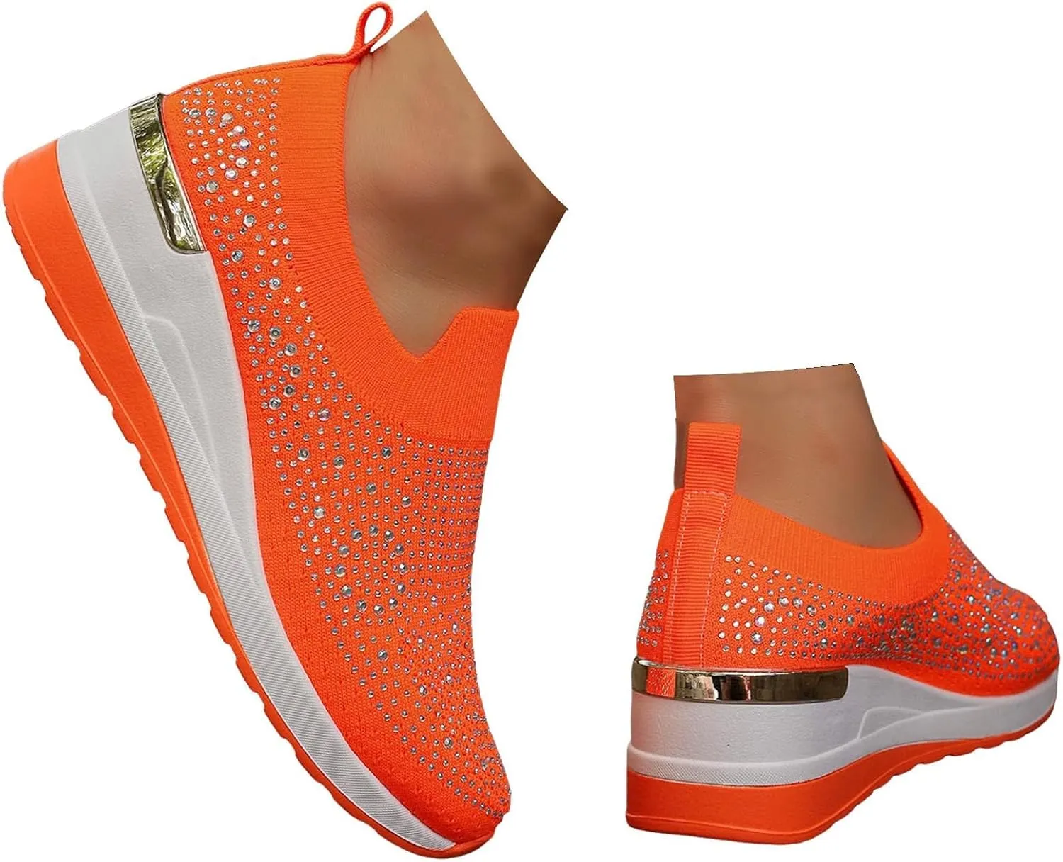 Orange Sneakers Women,Glitter Sneakers for Women,Rhinestone Sneakers for Women,Sparkly Tennis Shoes,Platform Wedge Shoes,Rhinestone Mesh Slip-On Sneakers,Breathable Bling Tennis Shoes