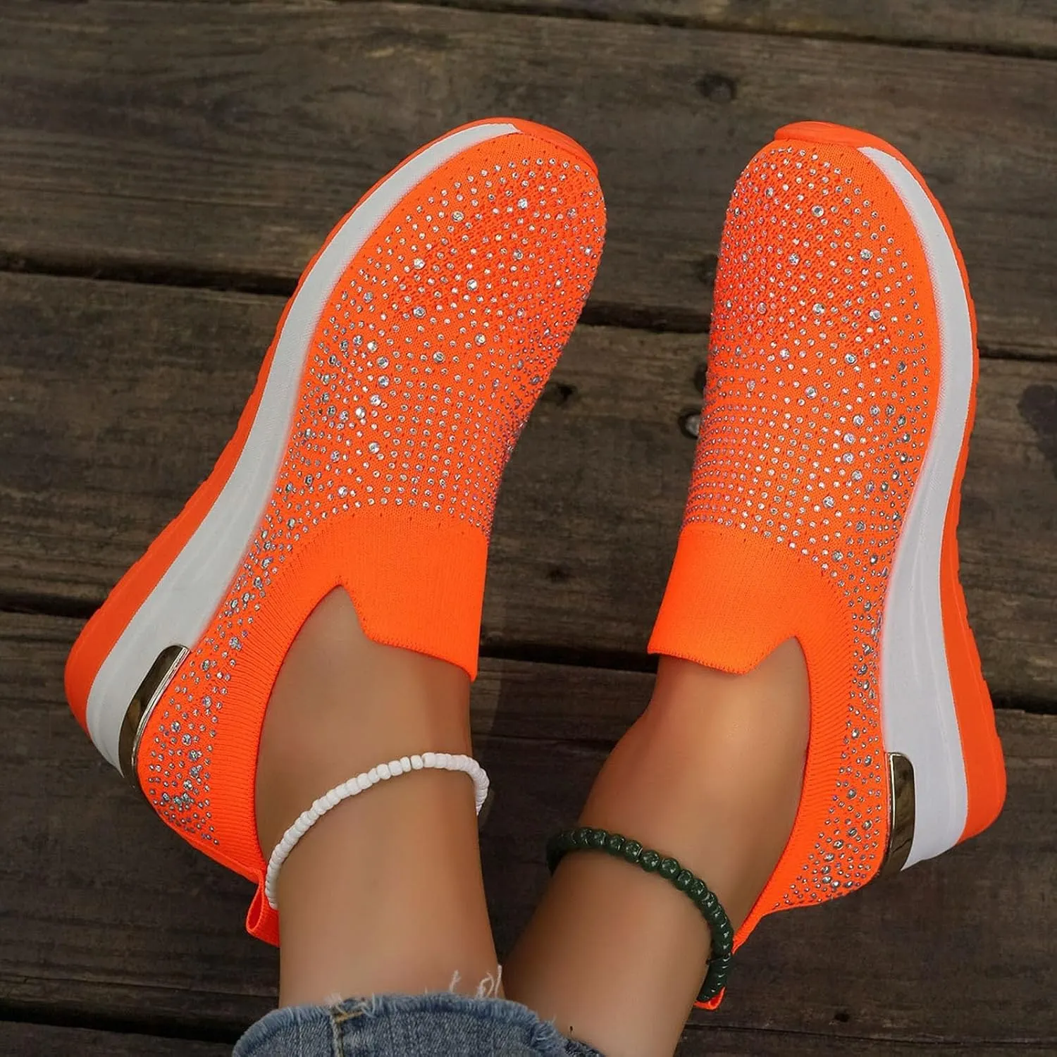Orange Sneakers Women,Glitter Sneakers for Women,Rhinestone Sneakers for Women,Sparkly Tennis Shoes,Platform Wedge Shoes,Rhinestone Mesh Slip-On Sneakers,Breathable Bling Tennis Shoes
