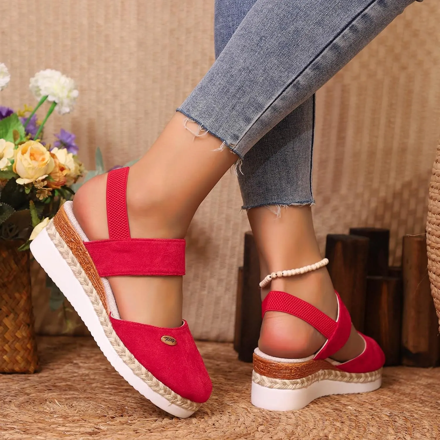Orthopedic Wedge Sandals for Women Summer Dressy 2025 Women'S Retro Closed Toe Platform Canvas Ankle Elastic Strap Wedge Heels Ladies Comfortable Cork Dress Shoes for Beach Wedding