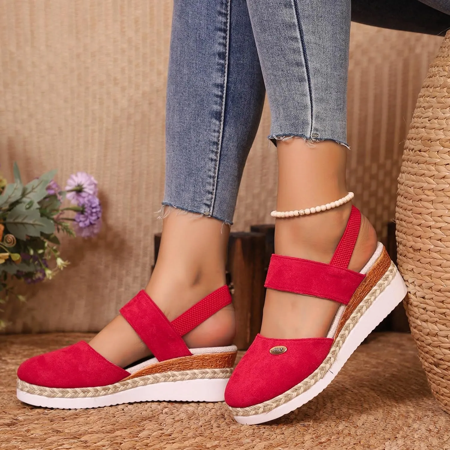 Orthopedic Wedge Sandals for Women Summer Dressy 2025 Women'S Retro Closed Toe Platform Canvas Ankle Elastic Strap Wedge Heels Ladies Comfortable Cork Dress Shoes for Beach Wedding