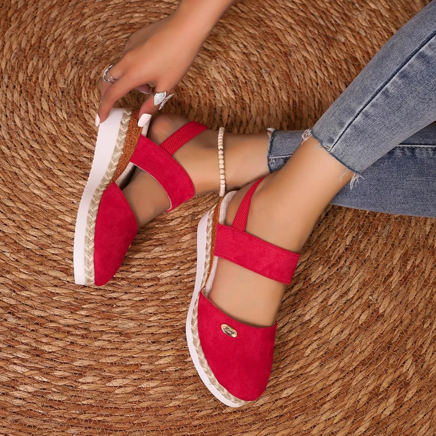 Orthopedic Wedge Sandals for Women Summer Dressy 2025 Women'S Retro Closed Toe Platform Canvas Ankle Elastic Strap Wedge Heels Ladies Comfortable Cork Dress Shoes for Beach Wedding