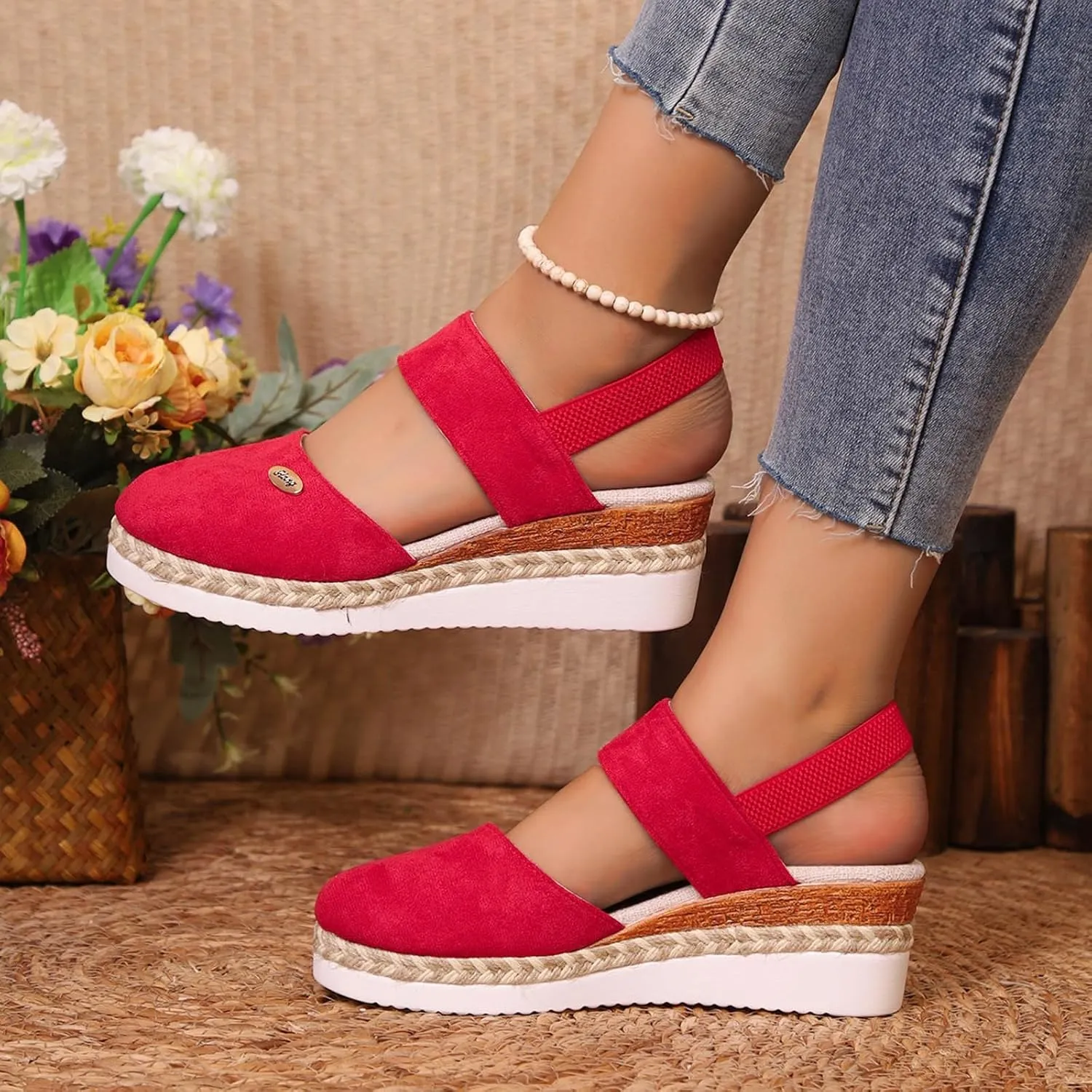 Orthopedic Wedge Sandals for Women Summer Dressy 2025 Women'S Retro Closed Toe Platform Canvas Ankle Elastic Strap Wedge Heels Ladies Comfortable Cork Dress Shoes for Beach Wedding