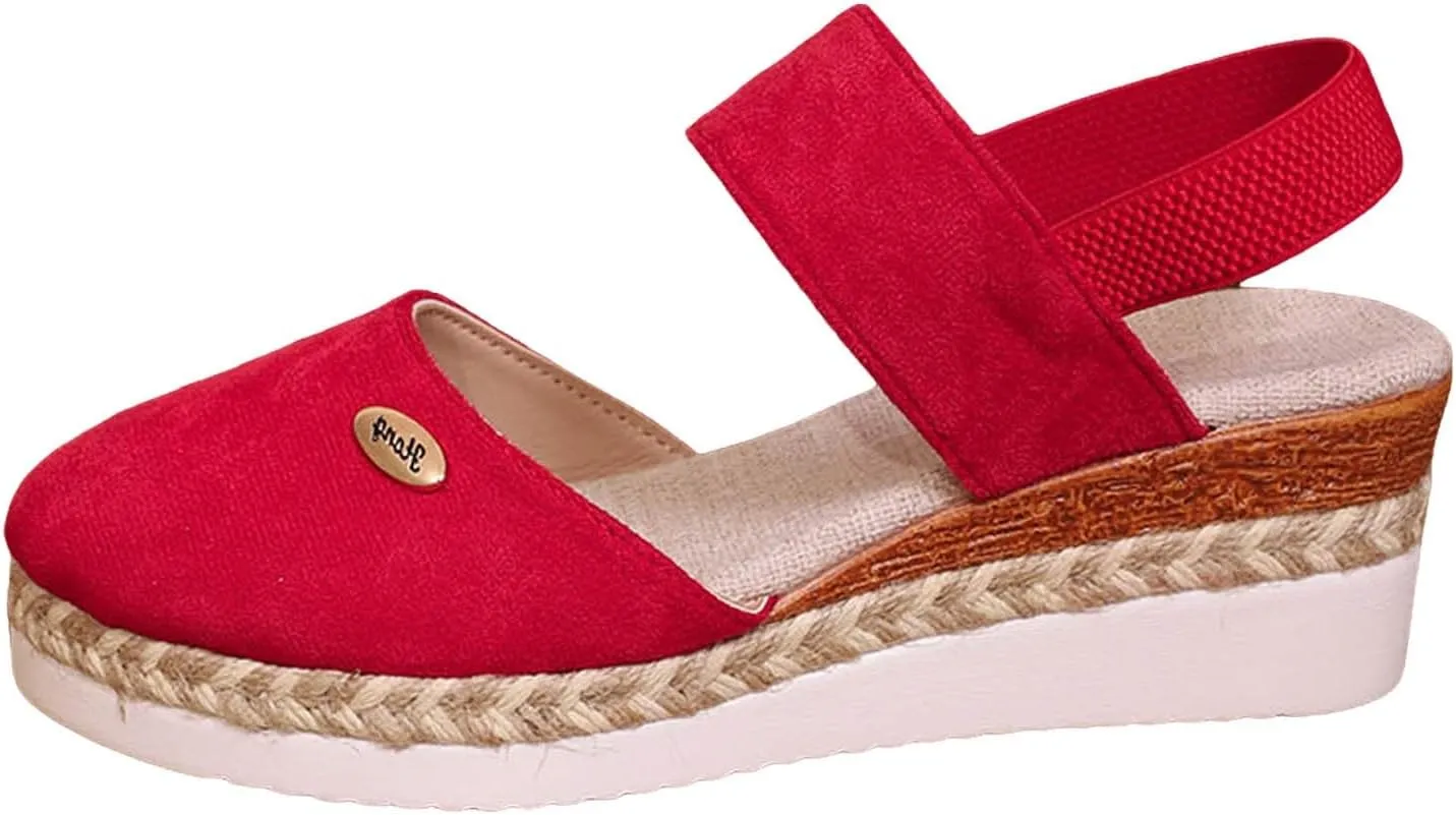 Orthopedic Wedge Sandals for Women Summer Dressy 2025 Women'S Retro Closed Toe Platform Canvas Ankle Elastic Strap Wedge Heels Ladies Comfortable Cork Dress Shoes for Beach Wedding