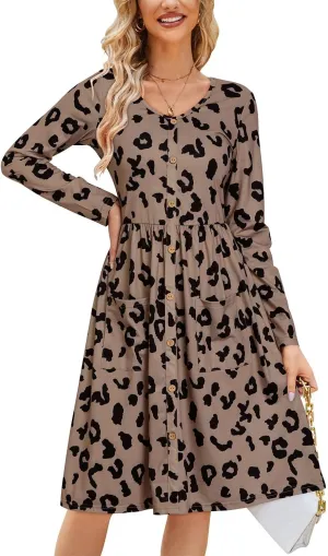 OUGES Women's V Neck Button Down Skater Dress with Pockets