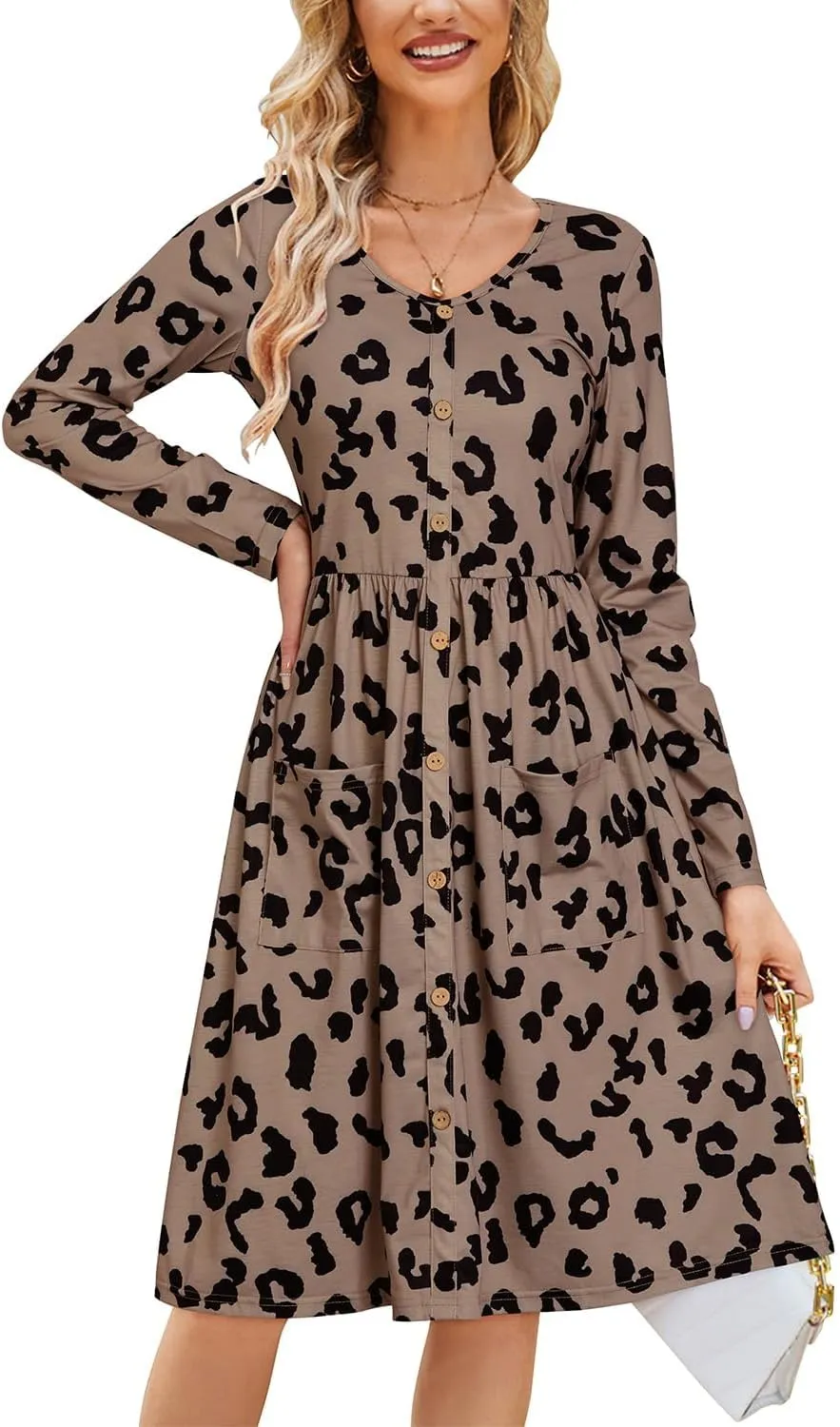 OUGES Women's V Neck Button Down Skater Dress with Pockets