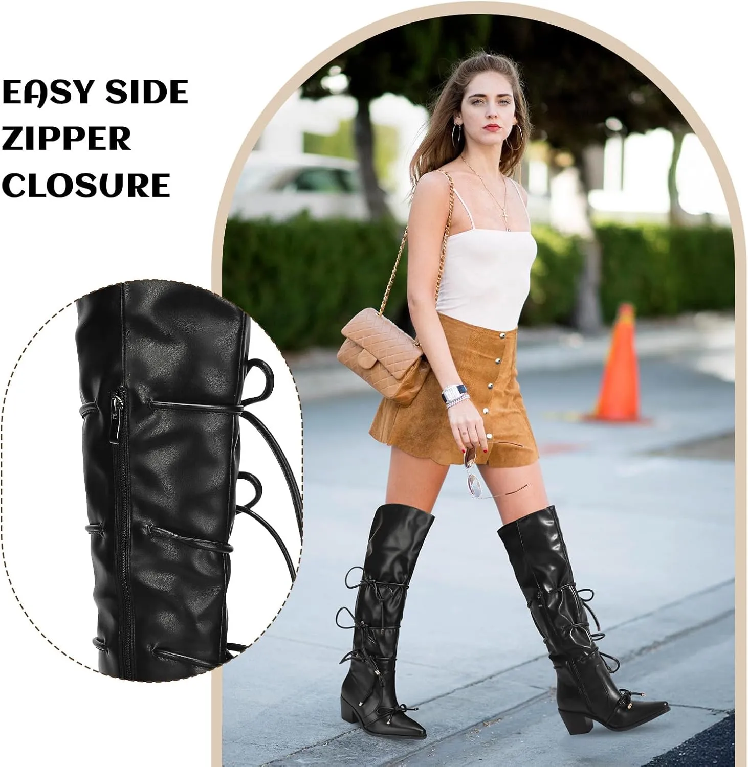Over The Knee High Boots With Bowknot 2.56 Inch Block Heel Elegant Pointed Toe Black Tall Boot With Bow and Side Zipper Comfortable Low Heels Fashionable Dress Shoes For Office Party
