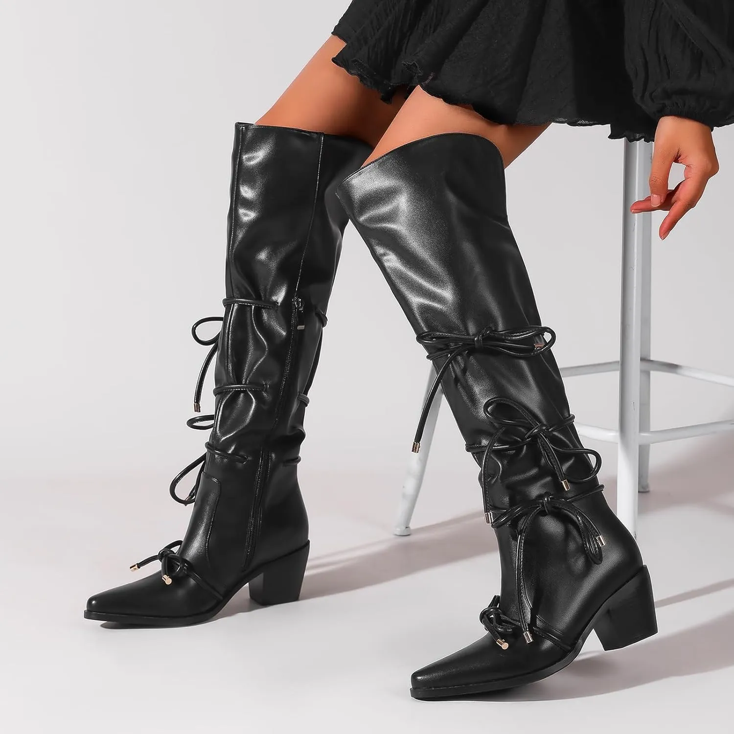 Over The Knee High Boots With Bowknot 2.56 Inch Block Heel Elegant Pointed Toe Black Tall Boot With Bow and Side Zipper Comfortable Low Heels Fashionable Dress Shoes For Office Party