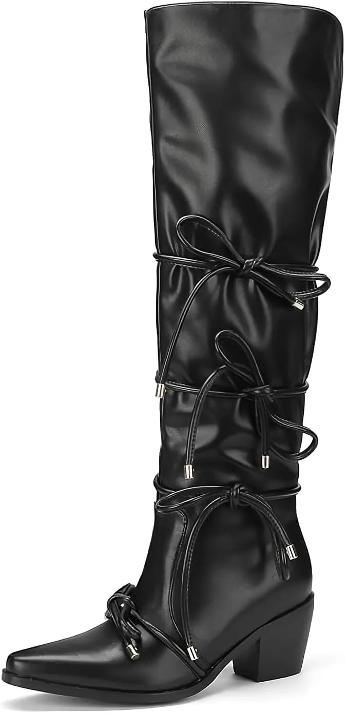 Over The Knee High Boots With Bowknot 2.56 Inch Block Heel Elegant Pointed Toe Black Tall Boot With Bow and Side Zipper Comfortable Low Heels Fashionable Dress Shoes For Office Party