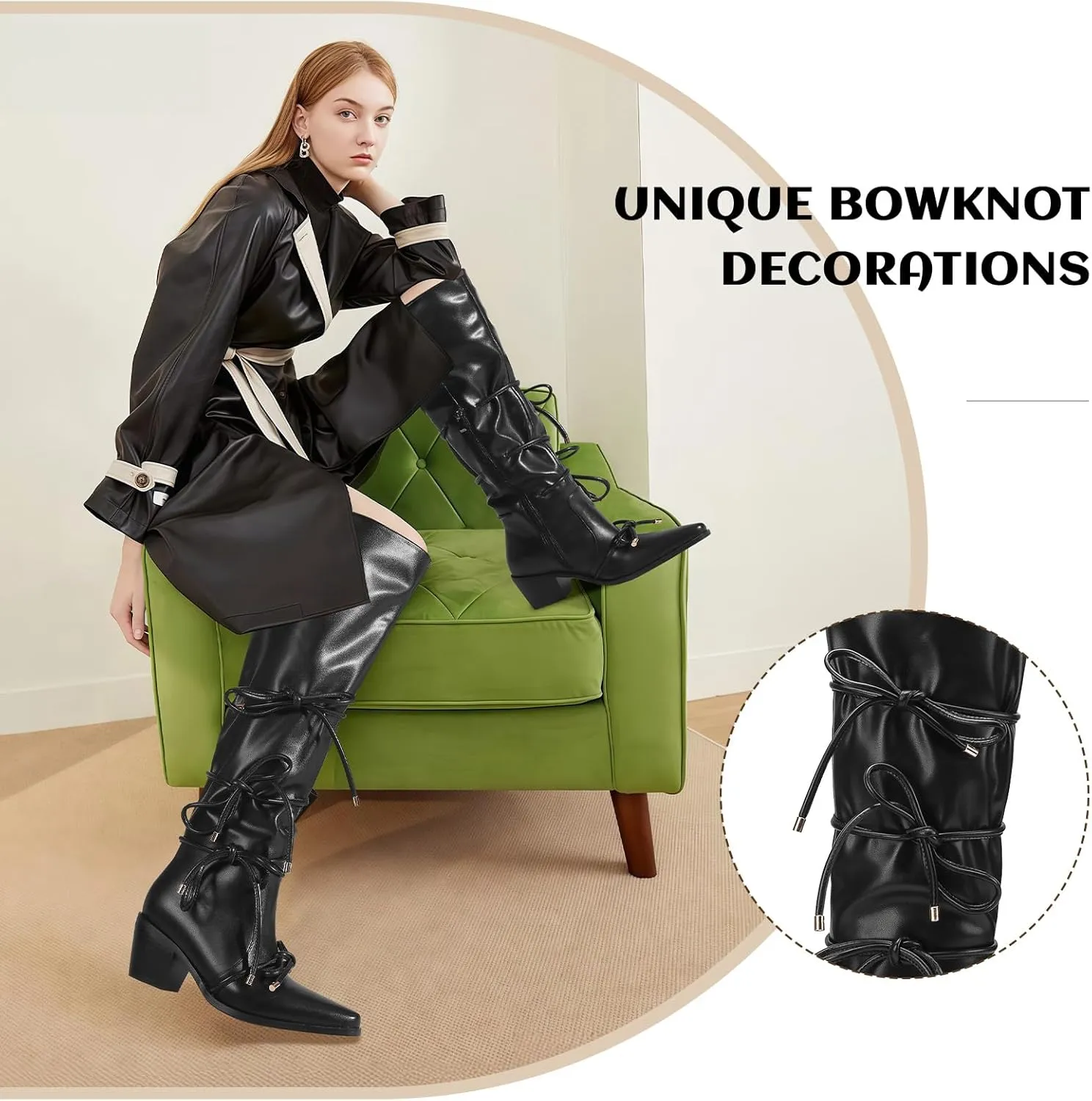 Over The Knee High Boots With Bowknot 2.56 Inch Block Heel Elegant Pointed Toe Black Tall Boot With Bow and Side Zipper Comfortable Low Heels Fashionable Dress Shoes For Office Party