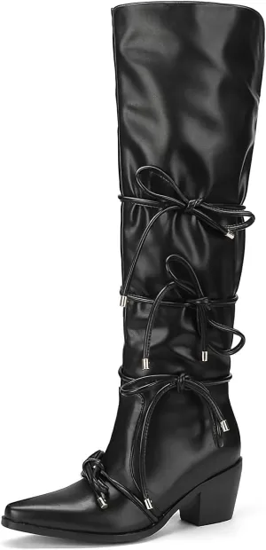 Over The Knee High Boots With Bowknot 2.56 Inch Block Heel Elegant Pointed Toe Black Tall Boot With Bow and Side Zipper Comfortable Low Heels Fashionable Dress Shoes For Office Party