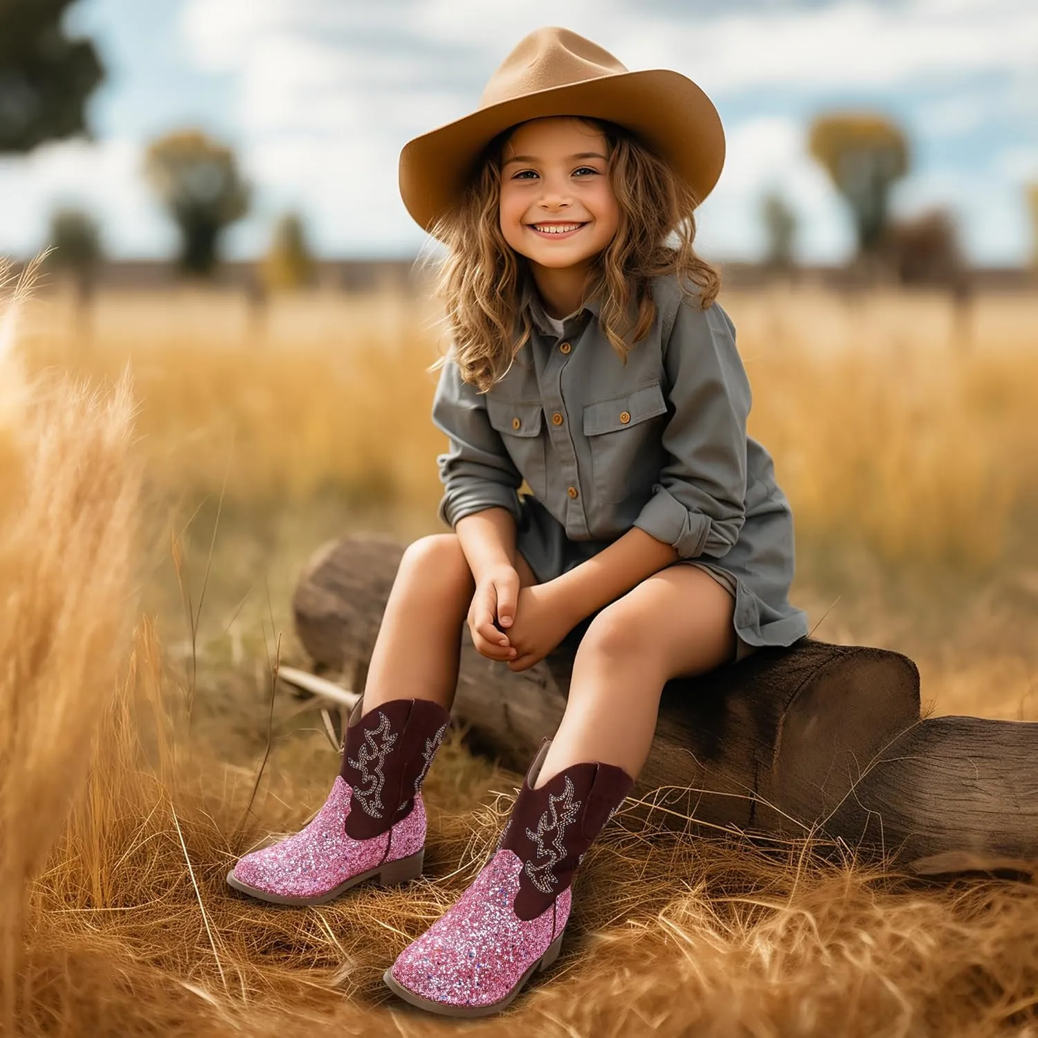 PANDANINJIA Girls Toddler Cowgirl Boots Riding Round Toe Western Blue Calf High 12 Months