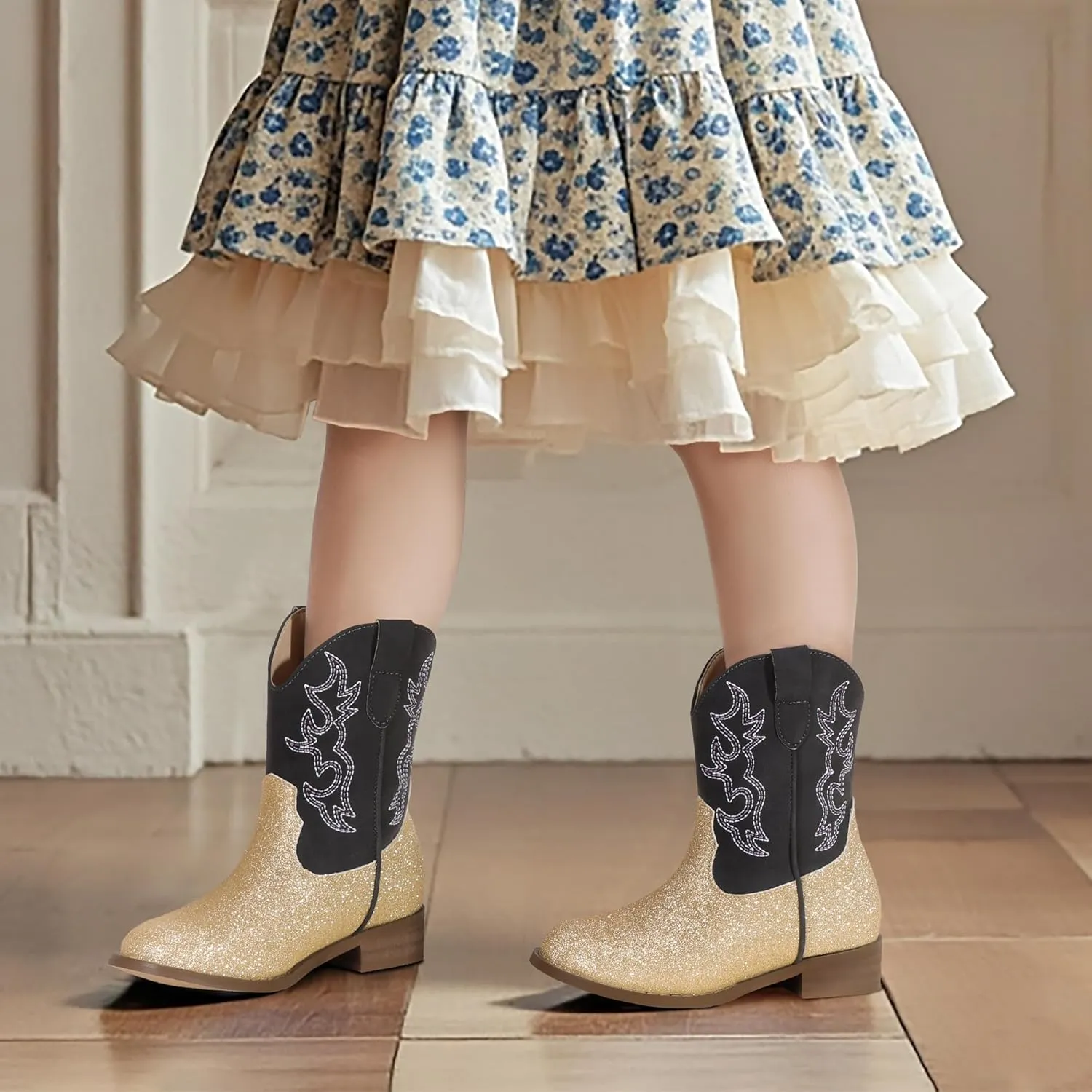 PANDANINJIA Girls Toddler Cowgirl Boots Riding Round Toe Western Blue Calf High 12 Months