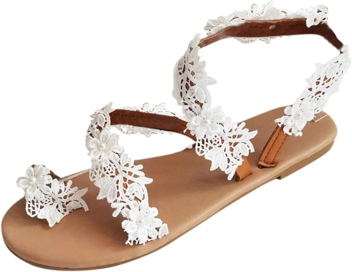 Pearl and Rhinestone Boho Sandals for Women 2025 New Dressy Summer Sparkly Rhinestone Beaded Beach Wedding Sandals for Bride Bohemian Lace Flower Flats Ankle Strap Beach Wedding Shoes
