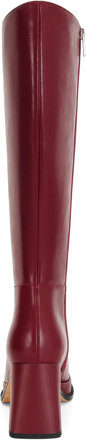 Platform Knee High Boots for Women Leather Square Toe Knee High Boots Chunky Heel Gogo Boots Side Zipper Tall Boots