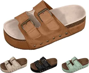 Platform Sandals Women Chunky Y2K, Women's Suede Slip On Flatform Slippers Comfortable with Cork Footbed Studded Flatform Sandals Adjustable Buckle Straps Flat Clogs Open Toe Slide Sandal