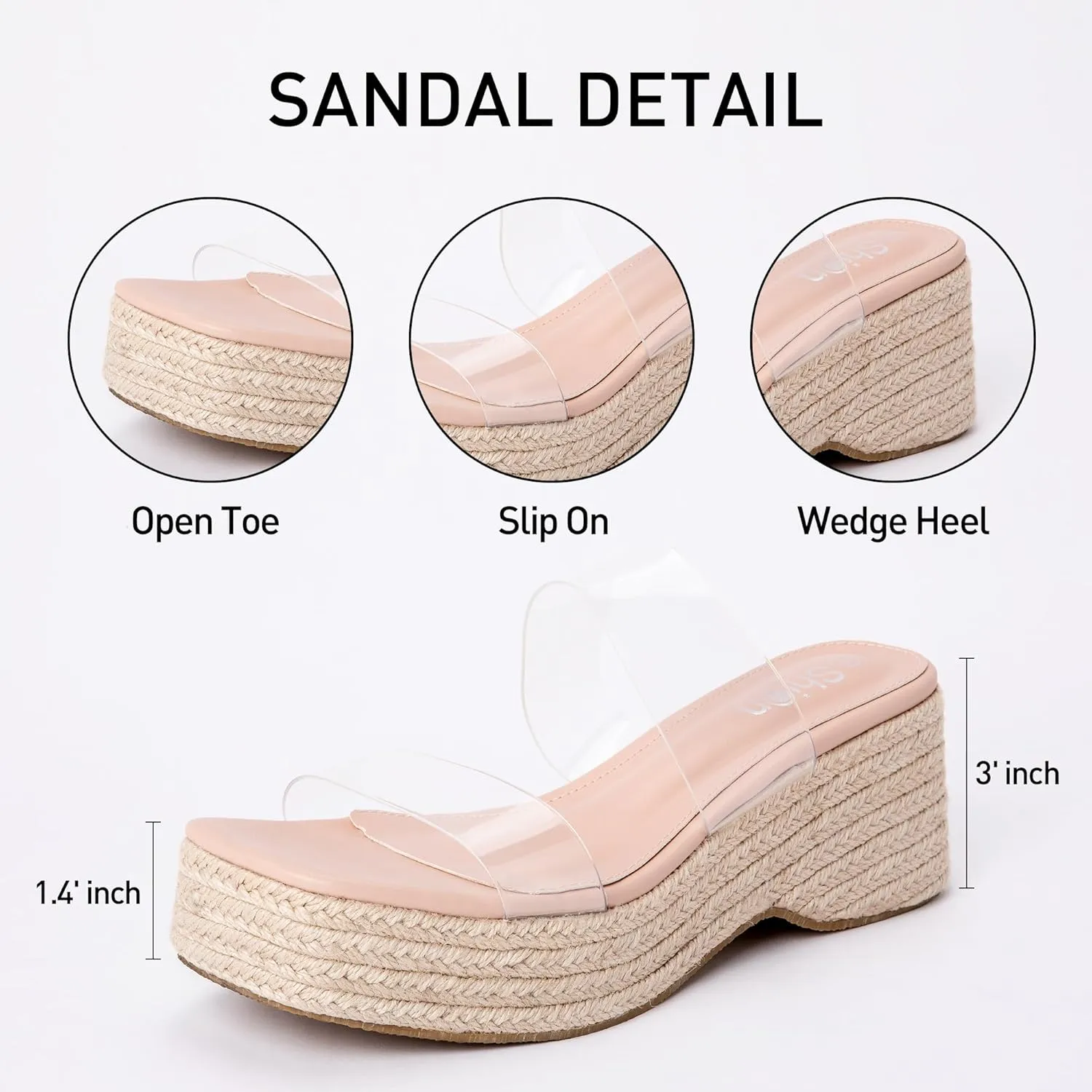 Platform Slip on Espadrille Sandals for Women Clear Strap Stylish Wedges Slides Sandals Dressy Platform Open Toe Beach Sandals