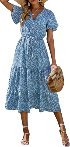 PRETTYGARDEN Summer Floral Dress for Women 2025 Casual Boho Short Sleeve Maxi Dresses V Neck Tiered Flowy Beach Sundress