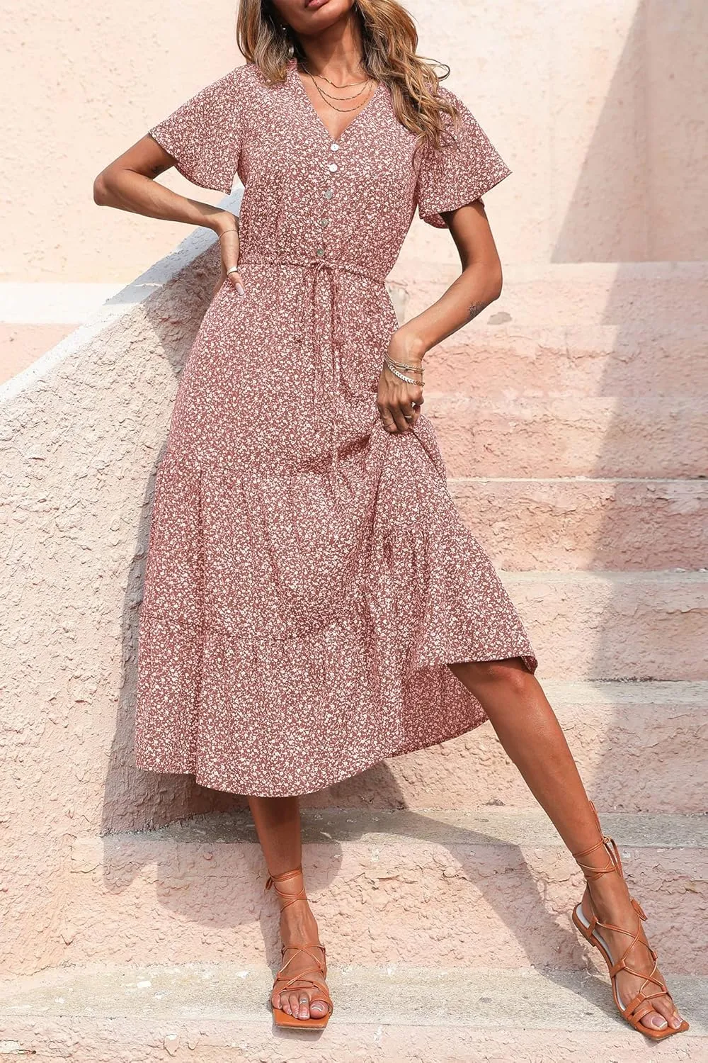 PRETTYGARDEN Summer Floral Dress for Women 2025 Casual Boho Short Sleeve Maxi Dresses V Neck Tiered Flowy Beach Sundress