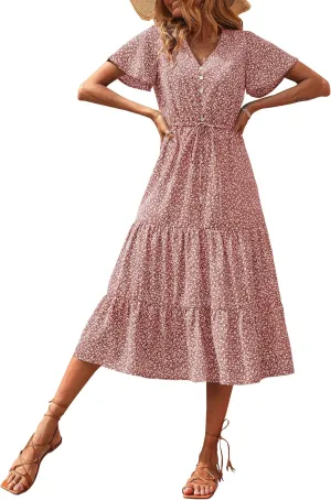 PRETTYGARDEN Summer Floral Dress for Women 2025 Casual Boho Short Sleeve Maxi Dresses V Neck Tiered Flowy Beach Sundress