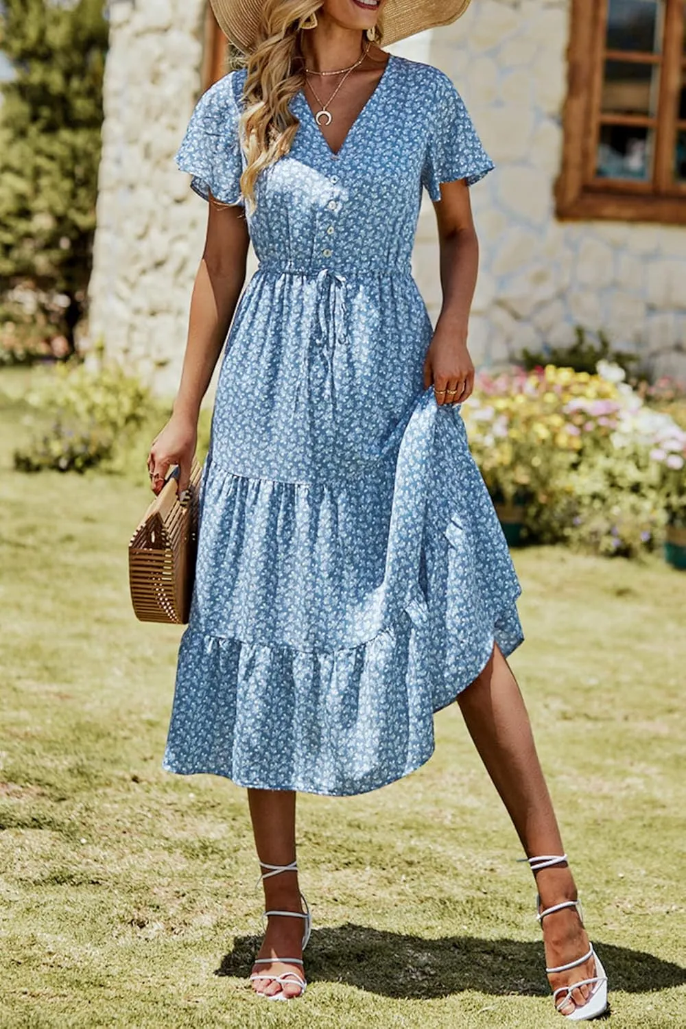 PRETTYGARDEN Summer Floral Dress for Women 2025 Casual Boho Short Sleeve Maxi Dresses V Neck Tiered Flowy Beach Sundress